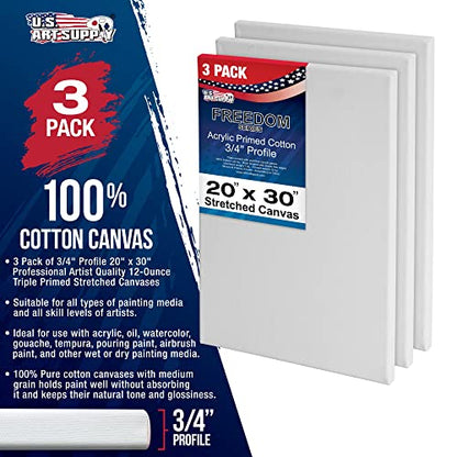 U.S. Art Supply 20 x 30 inch Stretched Canvas 12-Ounce Triple Primed, 3-Pack - Professional Artist Quality White Blank 3/4" Profile, 100% Cotton,