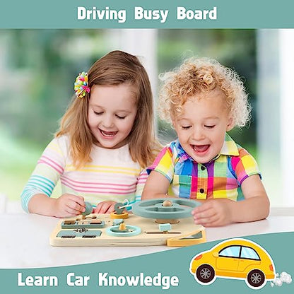 Montessori Busy Board Toy for Toddlers, Car Wooden Sensory Board Educational Toys with 10 Fine Activity Motor Skills, Driving Scene Travel Toys for - WoodArtSupply