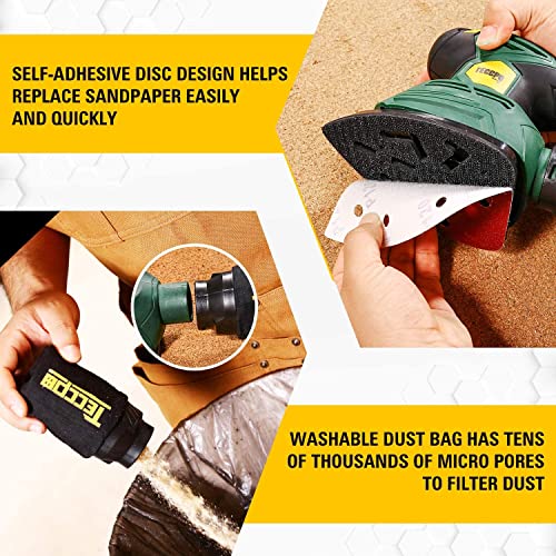 TECCPO Detail Sander, 14,000 OPM Compact Electric Sander with 12Pcs Sandpapers, Efficient Dust Collection System, Multi-Function 1.1Amp Hand Sander TECCPO