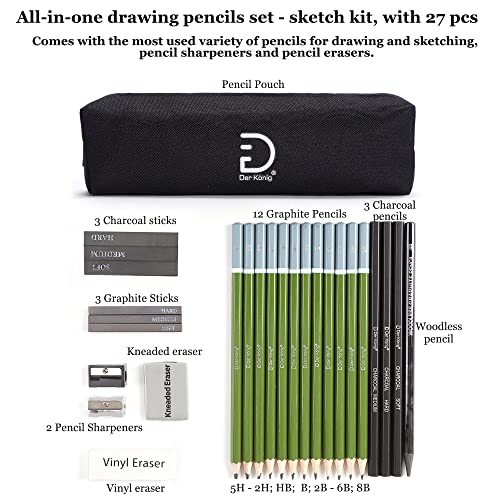 Drawing Pencils Set - Drawing Supplies Kit with Sketch Pencils for drawing (Graphite Art Pencils), Charcoal Pencils, Kneaded Eraser, Pencil sharpener - WoodArtSupply