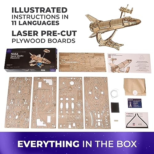 UGEARS NASA Space Shuttle Discovery - Wooden Models to Build for Adults - Space Shuttle Model Kit - Mechanical 3D Puzzle Wooden Model Kit for Adults UGEARS