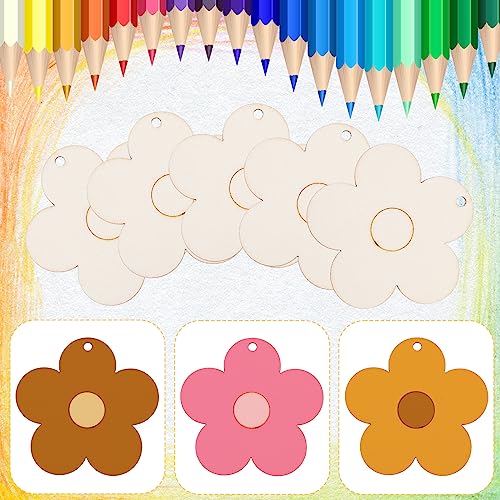 Whaline 50Pcs 3 Inch Wood Flower Cutouts Unfinished Wooden Boho Flower Cutouts with Holes and Hemp Rope DIY Blank Flower Shape Hanging Ornaments Whaline
