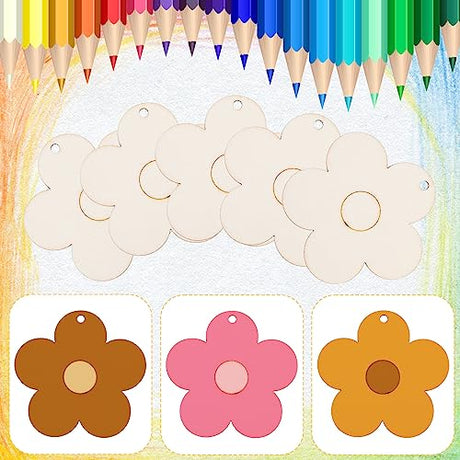 Whaline 50Pcs 3 Inch Wood Flower Cutouts Unfinished Wooden Boho Flower Cutouts with Holes and Hemp Rope DIY Blank Flower Shape Hanging Ornaments Whaline