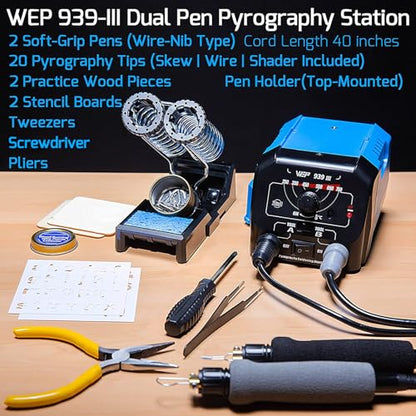 WEP 939-III Dual Pen Wood Burning Kit 34-IN-1 with 20 Woodburning Tips Soft-Grip Pyrography Pen with 2 Stencils, 2 Unfinished Wood, 1 Pen Holder Professional Wood Burner Tool