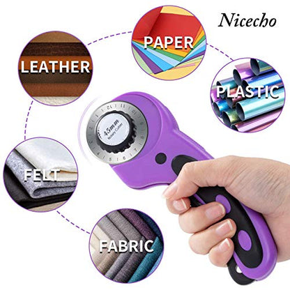 Nicecho Rotary Cutter Set,Sewing Quilting Supplies,45mm Fabric Cutters,A3 Cutting Mat for Sewing,Acrylic Rulers,Scissors,Exacto Knife,Clips,Beginners