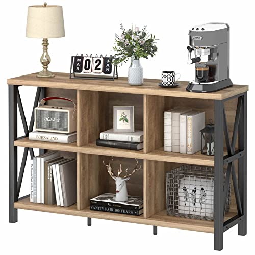 FATORRI Rustic Oak 6-Cube Storage Organizer – Industrial Horizontal Bookshelf with Durable Metal Frame FATORRI