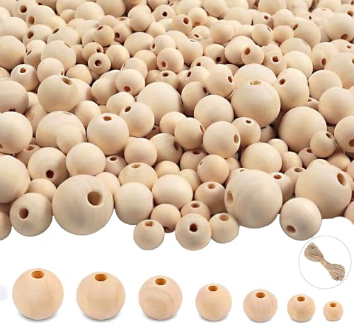 950pcs Wooden Beads for Crafts 7 Sizes Unfinished Natural Wood Beads Wooden Beads Bulk 6mm, 8mm, 10mm, 12mm, 14mm, 16mm, 20mm Beads for Garland pojah