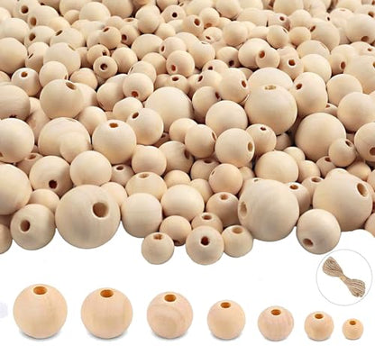 950pcs Wooden Beads for Crafts 7 Sizes Unfinished Natural Wood Beads Wooden Beads Bulk 6mm, 8mm, 10mm, 12mm, 14mm, 16mm, 20mm Beads for Garland
