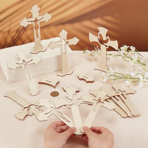 OLYCRAFT 30 Sets 3 Style Wooden Cross 4.3x1.3 Inch DIY Wood Cross Ornament Unfinished Wood Crosses Catholic Wood Crosses Rustic Standing Cross for