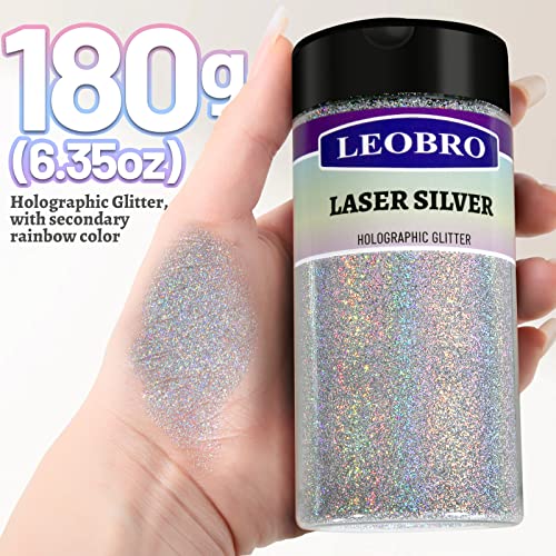 LEOBRO Glitter, Holographic Ultra Fine Glitter, 180G/6.35OZ Silver Glitter, Glitter Powder for Resin, 1/128" Metallic Iridescent Christmas Glitter LEOBRO