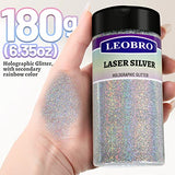 LEOBRO Glitter, Holographic Ultra Fine Glitter, 180G/6.35OZ Silver Glitter, Glitter Powder for Resin, 1/128" Metallic Iridescent Christmas Glitter LEOBRO