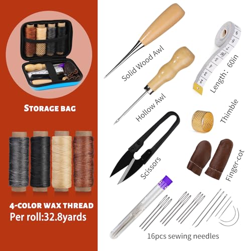 Leather Sewing Kit, Leather Working Tools and Supplies, Leather Working Kit with Large-Eye Stitching Needles, Waxed Thread, Leather Upholstery Repair MORFEN