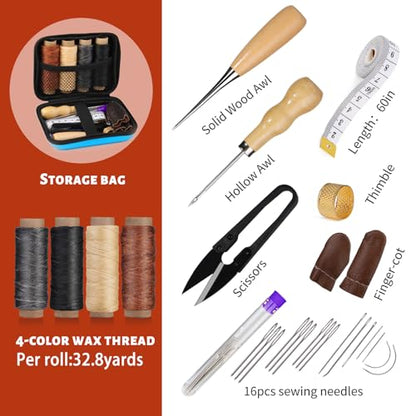 Leather Sewing Kit, Leather Working Tools and Supplies, Leather Working Kit with Large-Eye Stitching Needles, Waxed Thread, Leather Upholstery Repair - WoodArtSupply