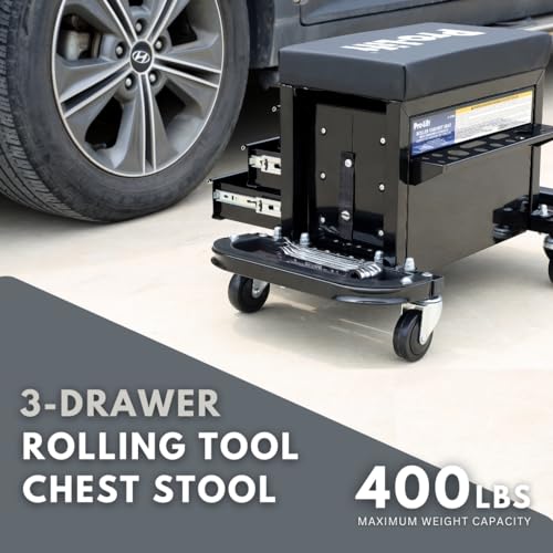 Pro-Lift Mechanic Roller Seat with Tool Box - 3-Drawer Rolling Tool Chest Stool with Padded Seat Cushion for Garage Creeper – 400 Lbs Capacity - WoodArtSupply