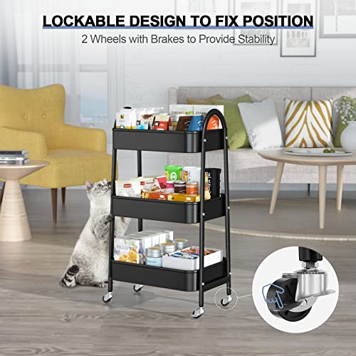 EAGMAK 3 Tier Utility Rolling Cart, Metal Storage Cart with Handle and Lockable Wheels, Multifunctional Storage Organizer Trolley with Mesh Baskets