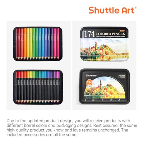174 Colors Professional Colored Pencils, Shuttle Art Soft Core Coloring Pencils Set with 1 Coloring Book,1 Sketch Pad, 4 Sharpener, 2 Pencil Shuttle Art