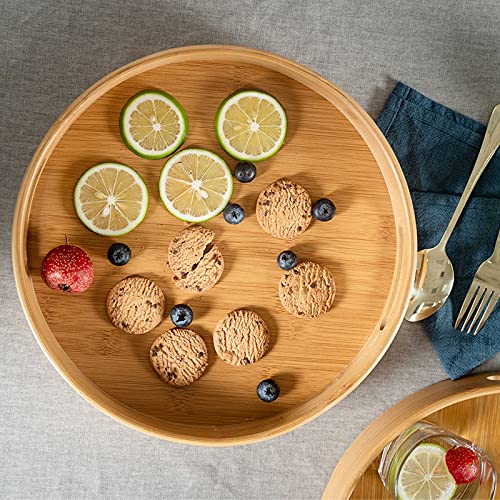 11.8 inch Bamboo Round Serving Tray, Wood Tray with Handles, Natural Wooden Tray for Ottoman, Kitchen/Coffee Table