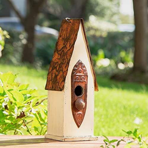 Glitzhome GH90103 Hanging Distressed Wooden Bird House Garden Decorative 13.25 Inch Tall, White - WoodArtSupply