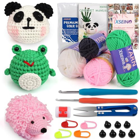 XSEINO Crochet Kit for Beginners - Crochet Start Kit with Step-by-Step Video Tutorials - Learn to Crochet Kits for Adults and Kids - Panda, Frog, XSEINO