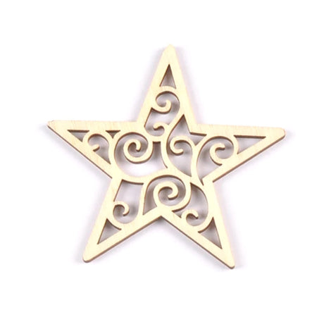 BUZHI 10 Pcs Wooden Moon Star Ornaments,Unfinished Moon Star Heart Shape Hollow Wooden Chips Wood Slices for DIY Eid Ornament Hanging Pendant BUZHI