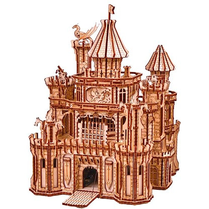 Wood Trick Dragon Castle Moveable Wooden 3D Puzzles for Adults and Kids to Build - Red LED - Greensleeves Melody - Towers Rotating - Engineering DIY Project Mechanical Model Kits for Adults