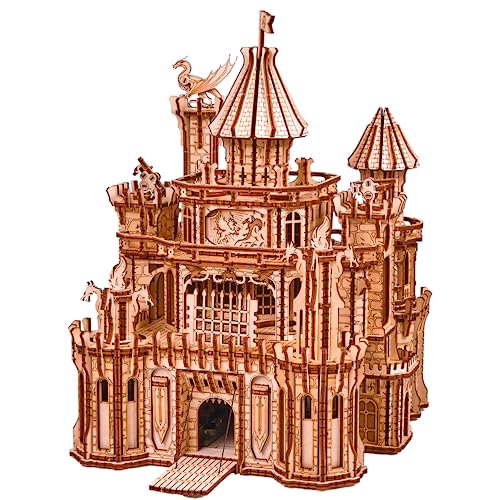 Moveable 3D Dragon Castle Wooden Puzzle with Red LED - Engaging DIY Experience for All Ages - WoodArtSupply