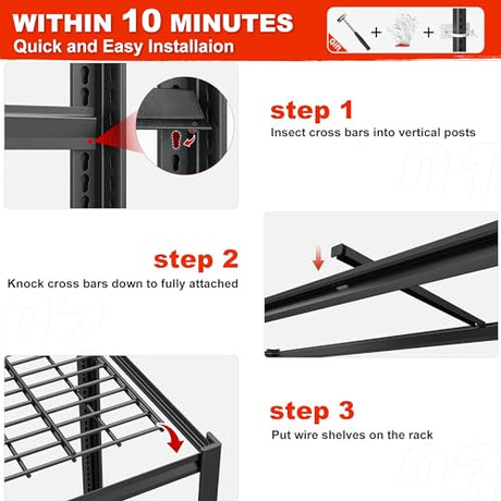 REIBII 55.2" W Garage Shelving Heavy Duty Garage Storage Shelves 3000LBS Adjustable 5 Tier Metal Shelving Unit for Storage Rack Storage Shelves REIBII