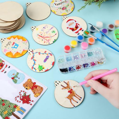 Zhanmai 40 Pcs Christmas DIY Craft for Kid Unfinished Wooden Christmas Ornaments Wood Slices with Gem Diamond Painting Sets 5d Round Wooden Xmas - WoodArtSupply