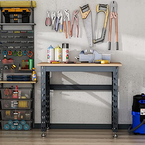 HOMCOM 45" Work Bench with Adjustable Footpads and Large Solid Wood Tabletop Tool Table for Garage, Weight Capacity 1100 lbs - WoodArtSupply