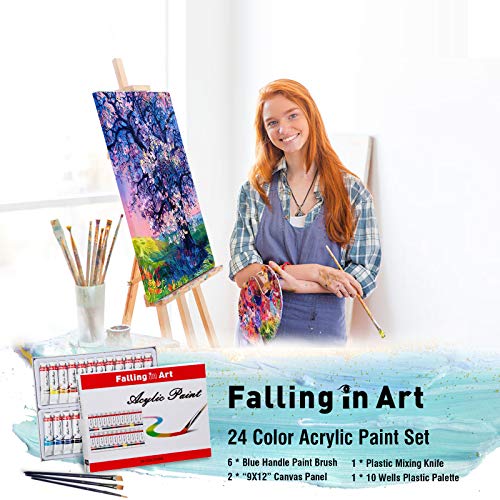 Falling in Art 34 Pieces Acrylic Paint Set - Canvas Painting Kit with 26 Acrylic Paints, Nylon Brushes, Plastic Palette, Mixing Knife for Kids, Falling in Art