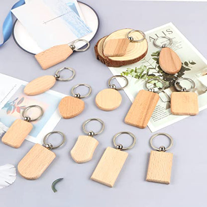 MIKIMIQI 15 Pcs Wood Engraving Blanks Wooden Keychain Blanks Assorted Unfinished Wooden Key Tag Key Ring for DIY Gift Crafts Laser Engraving Wood Key