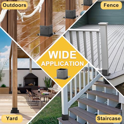 HONSREO 4x4 Post Base, 4Pcs Post Brackets (Inner Size 3.5"x3.5"), Black Powder-Coated Heavy Duty Steel Fence Post Anchor for Deck Porch Railing HONSREO