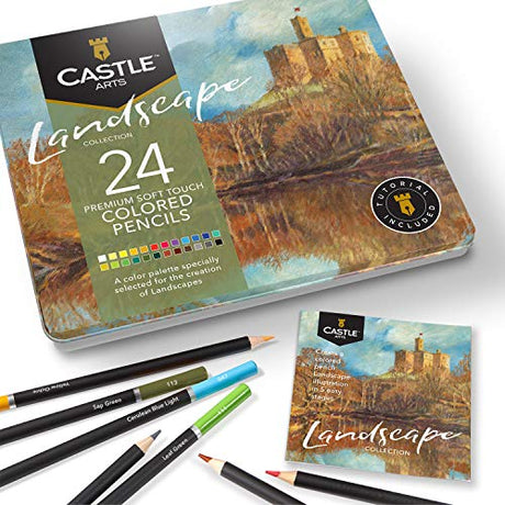 Castle Arts Themed 24 Colored Pencil Set in Tin Box, perfect colors for ‘Landscapes’. Featuring quality, smooth colored cores, superior blending & Castle Art Supplies