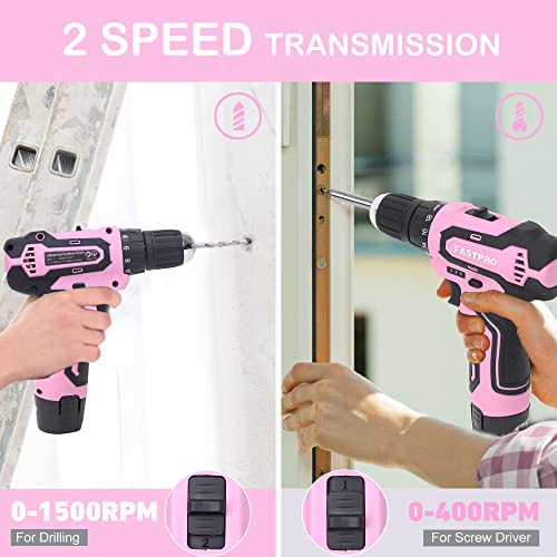 FASTPRO 42-Piece 12V Pink Drill kit, Lithium-ion Cordless Drill Driver, 3/8 in. Drill Driver Set with One 1.5 Ah Batteries, Charger and Tool Bag FASTPRO