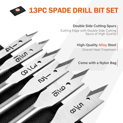 KENDO 13-Piece Spade Drill Bit Sets, Alloy Steel Paddle Flat Bit with Quick Change Shank, Flat Wood Hole Cutter Fit for Woodworking, Assorted Bits - WoodArtSupply