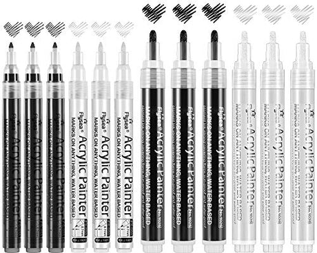 12 Pieces Acrylic Paint Pens Black and White Marker Pen 0.7 mm Extra Fine, 3 mm Medium Tip, Waterproof Art Markers for Rock Painting Ceramic Glass Flysea