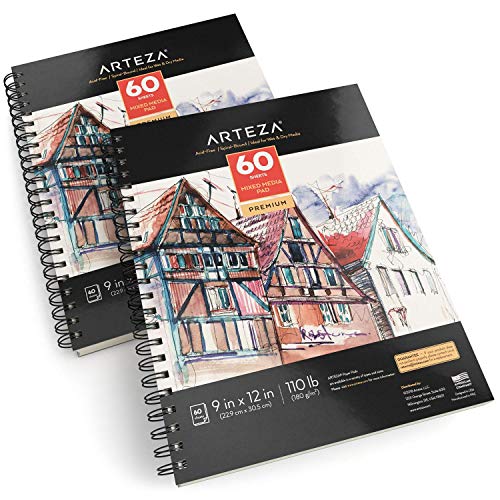 ARTEZA Mixed Media Sketchbooks, Pack of 2, 9 x 12 Inches, 60-Sheet Drawing Pads, 110lb/180gsm Acid-Free Paper, Micro-Perforated, Spiral-Bound, Art