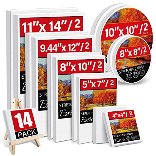 14 Packs Stretched Canvases for Painting,Multi Pack 11x14, 9.44x12, 8x10, 5x7, 4x4, Round Canvas with 8x8,10x10(2 of Each), Blank Primed Canvas for ESRICH