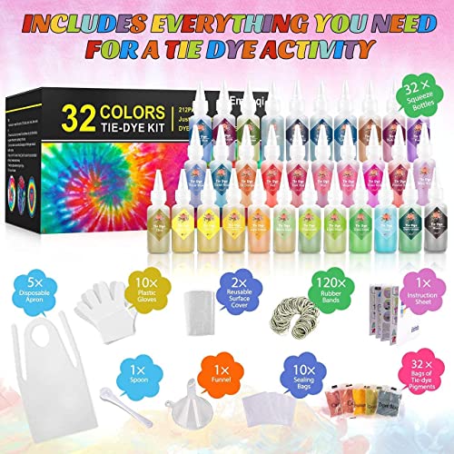 DIY Tie Dye Kits, Emooqi 32 Colours All-in-1 Tie Dye Set Contain 32 Bag Pigments, Rubber Bands, Gloves, Sealed Bag，Apron and Table Covers for Craft Emooqi