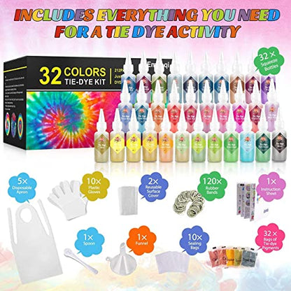 DIY Tie Dye Kits, Emooqi 32 Colours All-in-1 Tie Dye Set Contain 32 Bag Pigments, Rubber Bands, Gloves, Sealed Bag，Apron and Table Covers for Craft - WoodArtSupply