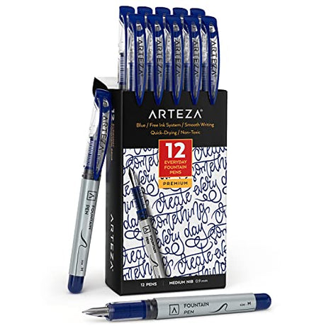 ARTEZA Disposable Fountain Pens, Pack of 12, Medium 0.9-mm Nib, Smooth-Writing Quick-Drying Blue Ink Pen, Art Supplies for Professionals, Students, ARTEZA
