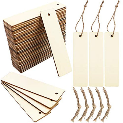 WYKOO 50 Pcs Blank Wooden Gift Tags Labels, Rectangle Wood Crafts DIY Blank Hanging Gift Tags Ornaments with Ropes, Blank Wood Bookmarks, 4.7x1.3