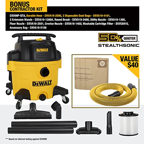 DEWALT 9 Gallon STEALTHSONIC Poly Wet/Dry Vacuum, DXV09P-QTA Newest Noise Reduction Vac, Heavy Duty Shop Vacuum for Jobsite/Workshop, Reduce Motor DEWALT