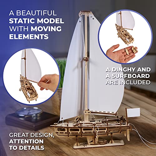 UGEARS Ocean Beaty Yacht 3D Wooden Puzzle - Wooden Mechanical Model Kit to Build - DIY Puzzle Boat with Paper Sails - Brain Teaser Building Set for UGEARS