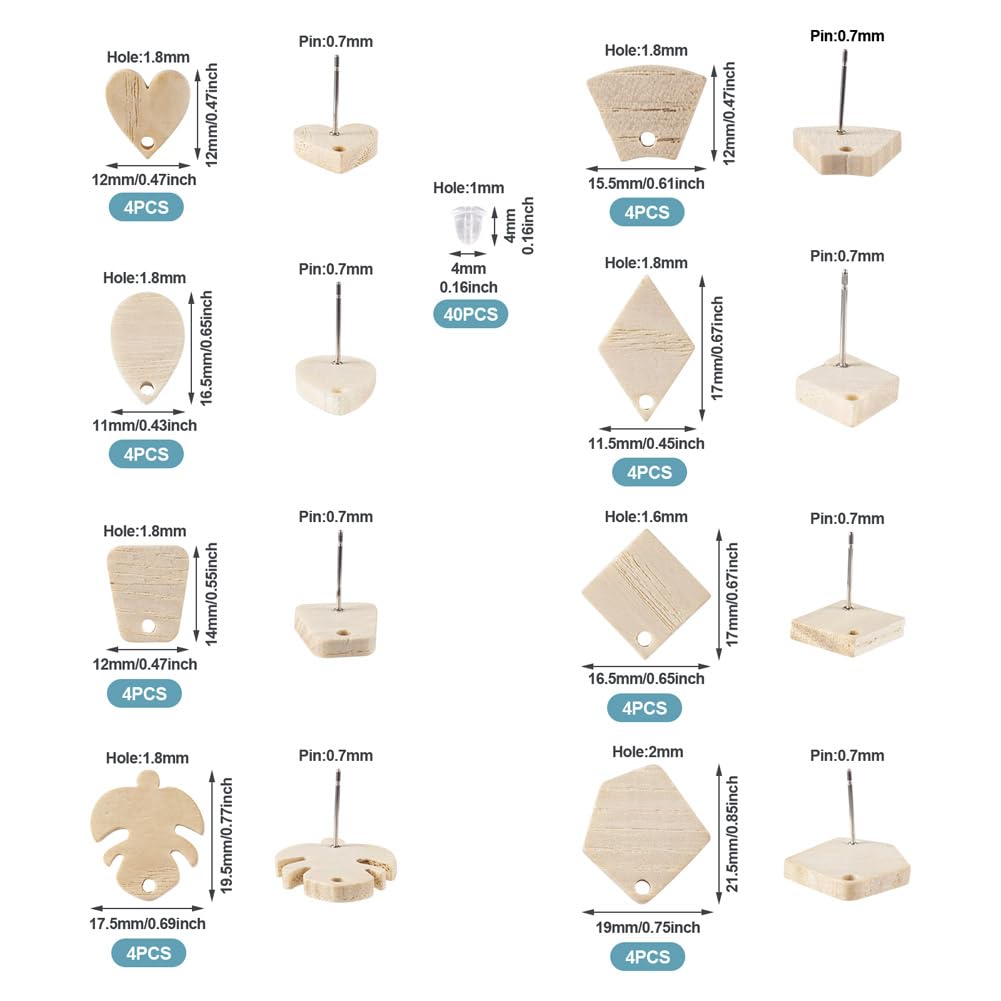 Fashewelry 32pcs Wood Stud Earring Findings White Ash Wood Earring Blanks with Loop Heart Teardrop Leaf Rectangle Trapezoid Pentagon Shape for Dangle - WoodArtSupply