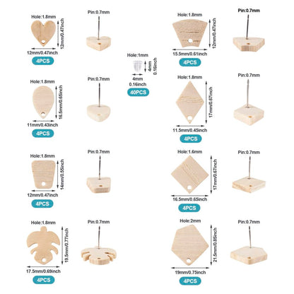 Fashewelry 32pcs Wood Stud Earring Findings White Ash Wood Earring Blanks with Loop Heart Teardrop Leaf Rectangle Trapezoid Pentagon Shape for Dangle - WoodArtSupply