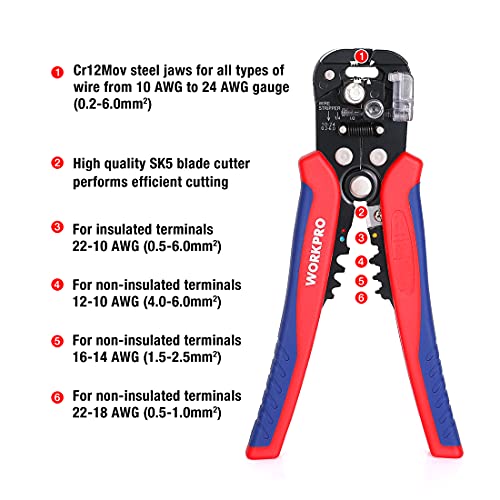 WORKPRO Self Adjusting Wire Stripper, 3-in-1 Automatic Wire Stripper/Cutter/Crimper, AWG10-24, 8 Inch Multi Pliers For Electrical Wire Stripping, WORKPRO