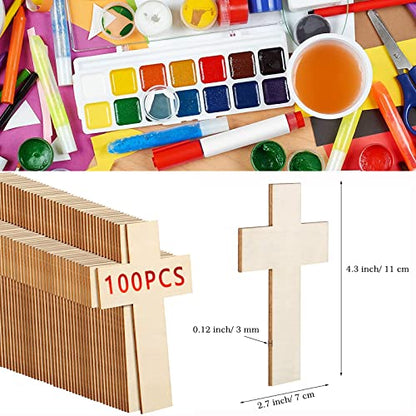 100 Pieces Blank Wooden Cross Unfinished Cross Shaped Wood 4.3" x 2.7" DIY Crafts Cross Wood Blank Wood Cutouts for Crafts for Church, Easter Tree,