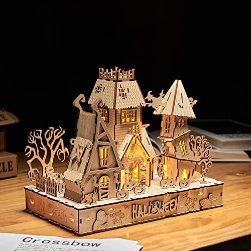 bennama 3D Wooden Puzzles Halloween House Kits Includes Light Strip, Brainteaser and Puzzle for Halloween/Birthday,Gifts for Adults and Teens to bennama