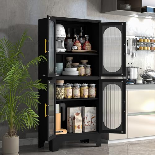 RISTERN Black Metal Storage Cabinet, Kitchen Pantry Storage Cabinet with Doors and 3 Shelves(2 Adjustable), Floor Office Storage Cabinet for Kitchen, - WoodArtSupply